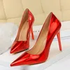 2022 TopSelling wind metal super bright surface ladies shoes shallow mouth pointed sexy nightclub slim high heel single shoes Classic luxury patent leather pumps