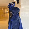 Arabisch ASO EBI Navy Blue Sequined Sexy Avondjurken Eén schouder Cutaway Sides backless met afneembare rok Formele feestjurken Prom Dress