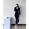 Sexy Knitted Dress Female Autumn And Winter V-neck Long-sleeved Stretch Tight-fitting Hip Dress With Slits Ins Fashion 220317