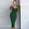 Malha drapeado bandage vestido chegada midi bandage vestido bodycon mulheres verão verde sexy vestido de festa noite clube outfits 220507