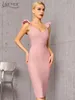 Adyce V Neck Pink BodyCon Bandage Dress for Women 2022 Summer Sexy Ruffles ärmlös Midi Celebrity Evening Runway Club Dresses 220507