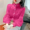 Elegante Süße Spitze Patchwork Solide Chiffon Shirts Frühling Sommer Stehkragen Lange Laterne Hülse Strickjacke frauen Kleidung 220810