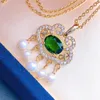 Pendant Necklaces Style Natural Freshwater Pearl Ruyi Long Life Peace Lock Necklace Emerald Inlaid Fashion Jewelry For WomenPendant