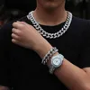 Hip-hopowy łańcuszek z różowego złota kubański Link bransoletka naszyjnik Iced Out zegarek kwarcowy kobieta i mężczyzna zestaw biżuterii prezent