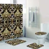 Cortinas de banheiro 3D luxuosas pretas douradas com chave grega Meandro Conjunto de cortinas de chuveiro para banheiro moderno geométrico ornamentado decoração de tapete de banho 220809