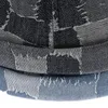 Caps de bola unissex retro contraste de xadrez lavado gorro jeans angustiado com manguito laminado sem largura docker marinheiro crânio hatball