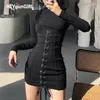 HEYounGIRL Tie Up Bandage Black Bodycon Dress Autumn Basic Long Sleeve Knitted Mini Dresses Ladies Skinny Casual Winter Fashion 220402