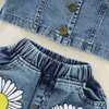 Citgeett Summer Kids Girls Outfits Suit Short Sleeve Zipper Crop Tops Blossom Print Elastic Waist Denim Shorts Clothing Set J220711