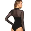 Summer Sexy Black Solid Mesh Patchwork Long Sleeve Party Club Bodysuit Body Top For Women Short Jumpsuit 220811