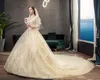 Diğer Gelinlik Altın Dantel Müslüman Elbise Büyük Trenle 2022 Yüksek Boyun Tam Kollu Elbise Vintage Bridal X