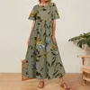 Vintage Floral Long Dres D'été Élégant Lin À Manches Courtes Boho Maxi Femme Vacances Robe D'été Partie es Vestidos 220615