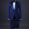 Blue Wedding Tuxedos Formella män passar Slim Fit Satin Shawl Lapel Collar Mens Suits Skräddarsy brudgummen Blazer för bröllopspomjacka och byxor med båge