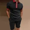 2022 Zomer Nieuw tracksuit Men Casual Sportset Solid Color Plaid korte mouwen Polo shorts Sets Mens Fashion 2 -delige sportkleding Y220420