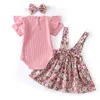 3Pcs Baby Girl Clothes Set Summer Born Infant Tinta unita Pagliaccetto Ruffle Abito floreale Tuta Outfit For Toddler Abbigliamento 220507