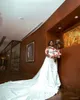 Plus storlek arabiska aso ebi lyxig sjöjungfru glittrande bröllopsklänning med löstagbar tåg hög hals långa ärmar brudklänningar klänningar vestidos de novia