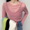 Sexy femmes T-shirt voir à travers Transparent maille hauts à manches longues dames T-shirt rose vert haut basique pour
