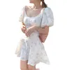 Casual Dresses Puff Sleeve French Floral Print Maxi Mini Woman Dress Office Lady Korean Japan Style Kawaii Elegant For Women 2022 Summer