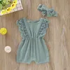 Kids Designer Clothes Girls Summer Boutique Clothing Sets Baby Solid Lace Cotton Jumpsuits Headband Suits Breathable Casual Button Rompers Hairband Outfits B8092