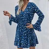 Vestidos casuais leopardo v neck mulheres camisa curto vestido outono flare mangas slim babados mini mais tamanho