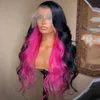 Synthetic Wigs Free Part Black Highligh Pink Lace Frontal Wig Body Wave Heat Resistant Fiber Hair Front WigsSynthetic