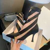 2022-Mugler 10cm Två-ton Jersey Mesh Sock Boots Mid-Calf Pull On Elastic Point-Toe Stiletto HEALED BOOT KNISED ANKLE TOOSTIES Women Luxury
