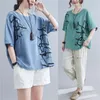 Blouses Femmes Chemises Chemises en lin de coton chinois Style Chemise Femmes Sleeve Sleeve Tops Dames Casual Imprimer Imprimé Lâche Overdiza Blusa