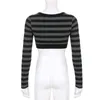 Y2K Striped Crop Top Button Knitted Full Sleeve T Shirt V Neck Vintage Grunge Tee Autumn Winter Women Harajuku Outfits Y220803