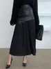 ディートホワイトロング秋の革張りパッチワークAラインラップヒップ気質ファッション女性プリーツスカート7Z206 220401