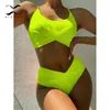 Neongrüner Badeanzug für Damen, sexy Bandeau-Bikini-Set, hochgeschnittene Badebekleidung, Sport-Badeanzug, sexy Badeanzug, Strandkleidung 220518