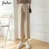 Jielur Fashion Wide Leg Pant Cotton Linen High Waist Solid Color Pockets Black Khaki Trousers S-XXL Spring 220325