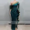 Hunter Green Aso Ebi Meerjungfrau Abendkleider Side Split One Shoulder Rüschen Perlen Plus Size Abendkleid Afrikanisches Partykleid