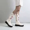 Boots Butterfly Embroidery Western Cowboy Leather Platform Shoes for Women Brief on Round Nose Knight Zapatos 220811