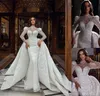 Luxury Mermaid Wedding Dress With Detachable Train Lace Pearl Crystal Arabic Trumpet Bridal Gowns Long Sleeves Robe