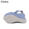 Eilyken Designer Denim Sandals Summer Roman Sandals高品質のウェッジハイヒールピープピーププラットフォームシューズ女性220506
