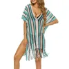 Kvinnors badkläder Kvinnor Cover-Ups Beach Dress med TASSEL randigt Loose Mesh Sheer Deep V Neck Badwears Bathing Suit Beachwear Cover-up Summ