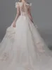 2022 Bröllopsklänningar Vit Lace Cap Sleeve Beaded Lace A Line Avtagbar Trail Bröllopklänningar Anpassa plusstorlek Vestido de Novia