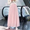 Vintage Bohemian Tiul Long Spódnica Kobiety Elastyczne wysoką talię A-line plisowana siatka Linging Kobieta Jupe Longue W220426