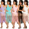 Women Tassel Two Piece Dress Set Solid Color Sexy Outfits Night Club Wear S-XXL
