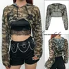 Long Sleeve Mesh Top Hooded Womens T-shirt Hollow Out Sexy Punk Rock Short Crop White Fishnet Women Clothing Tops Tees