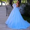 Sparkly Light Sky Blue Evening Dresses Off The Shoulder Beaded Long Lace Appliqued Vestidos De Fiesta Arabic Tulle Prom Dress