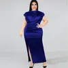 Grande taille 4XL Robe de soirée femmes élégante fente col haut bordeaux plissé Satin Maxi Robe femme été surdimensionné robes sans manches