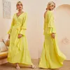 Vestidos casuais amarelos para mulheres 2022 lindo vestido de manga longa sem costas feminino elegante feminino verão floral