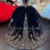 Hunter Green Quinceanera Robe 2023 avec manches paillettes scintillantes gonflées douce 16 robes robes de 15 ans à lacets corset dos sans bretelles charro mexicain bleu marine rouge