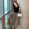 Autumn style Hepburn style French stitching fake two-piece skirt with tie waist cut air quality long-sleeved dress women 210412