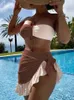 INGAGA Colorblock 3 Piece Bikini With Ruffle Skirt Sexy Drawstring Women Swimsuit Halter Swimwear High Cut Bathing Suit 220611