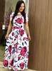 Mujeres de manga corta ahueca hacia fuera el cuello redondo vestido largo de verano elegante estampado floral de cintura alta elástico Boho Robe Maxi Vestidos 226014