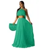 Women Two Piece Dress Sets Summer Skirt Set Outfits Sexy Sleeveless Halter Neck Crop Top Pleated Long Skirts Suits