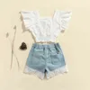 Citgeett Summer Kids Girls Clothing Set Floral Embroidery Flying Sleeves Square Collar Tops Beige Denim Short Jeans Clothing J220711