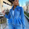 Kvinnors jackor kvinnor blå denim jacka ruffle fem smal fit kort jeans rock vintage avvrid krage boutique kläder ytterklädervinnor