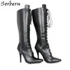 Sorbern bottes hautes pour femmes à lacets bottes de mollet à coupe large personnalisées unisexe botte à tige dure fétichiste